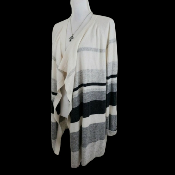 LOFT ~Woman Size L~ White/Gray Striped Waterfall Open Front Cardigan Wool Blend. - Picture 4 of 11